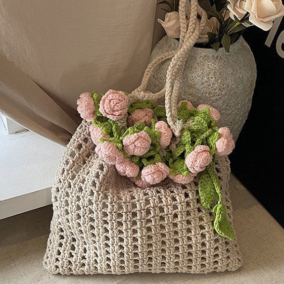 Rose Bouquet Blanket Handmade Crochet Woven Bucket Bags