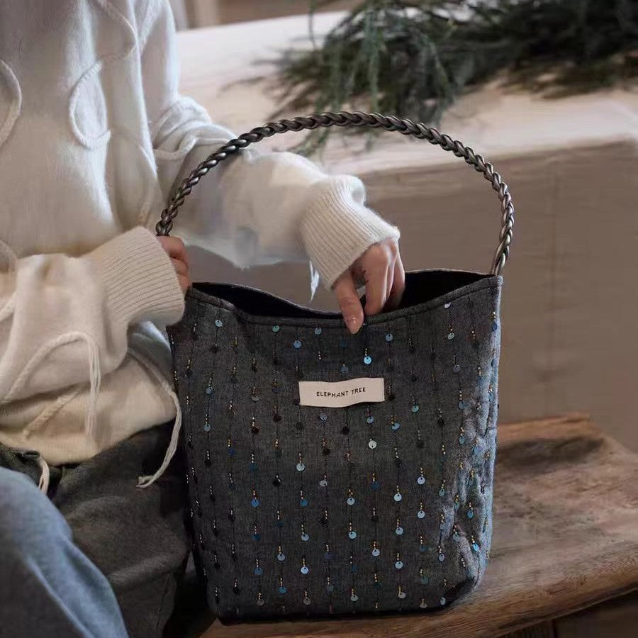 Elegance Retro Peacock Blue Sequined Commuter Women's Shoulder Bag