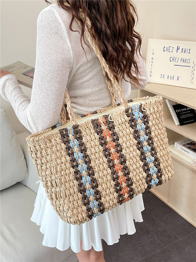 Women's Portable Striped Paper String Straw Fashion Woven Fresh Bags