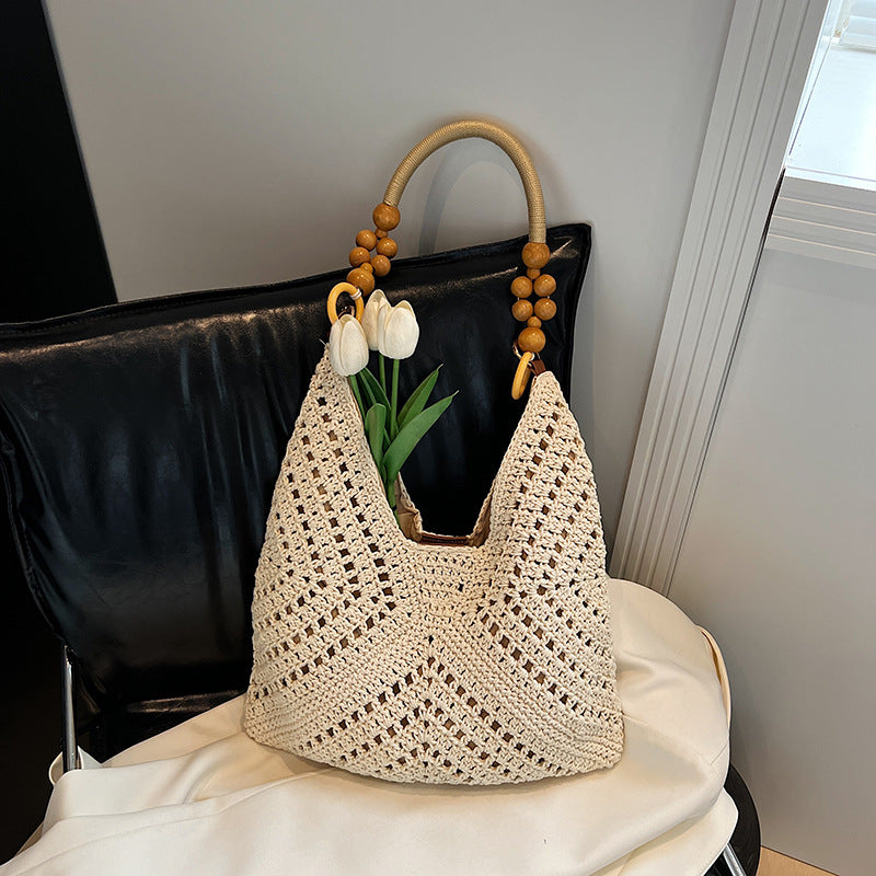 Women's Idle Style Large Capacity Knitted Summer Wooden Bead Woven Wool Shoulder Bags