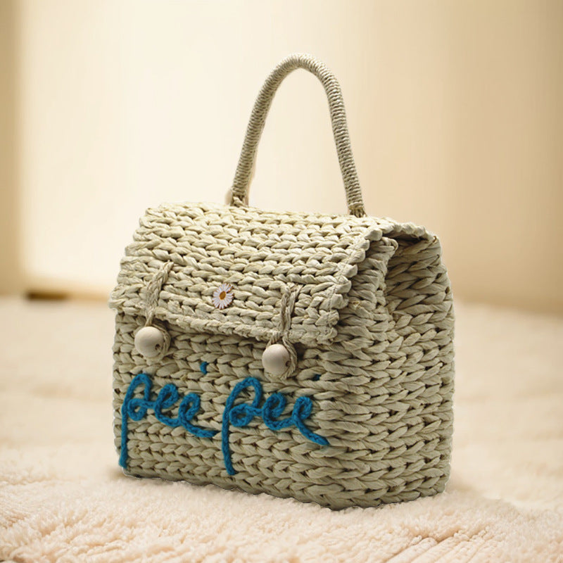 Women's With Cover Letters Straw Wooden Bead Bags