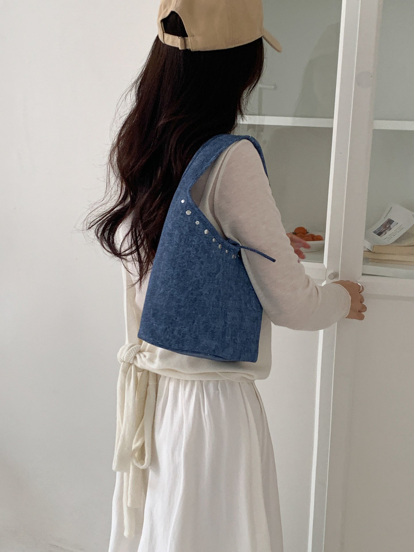 Vintage Faux Denim Rivet Drawstring Underarm Commute Korean Women's Handbag
