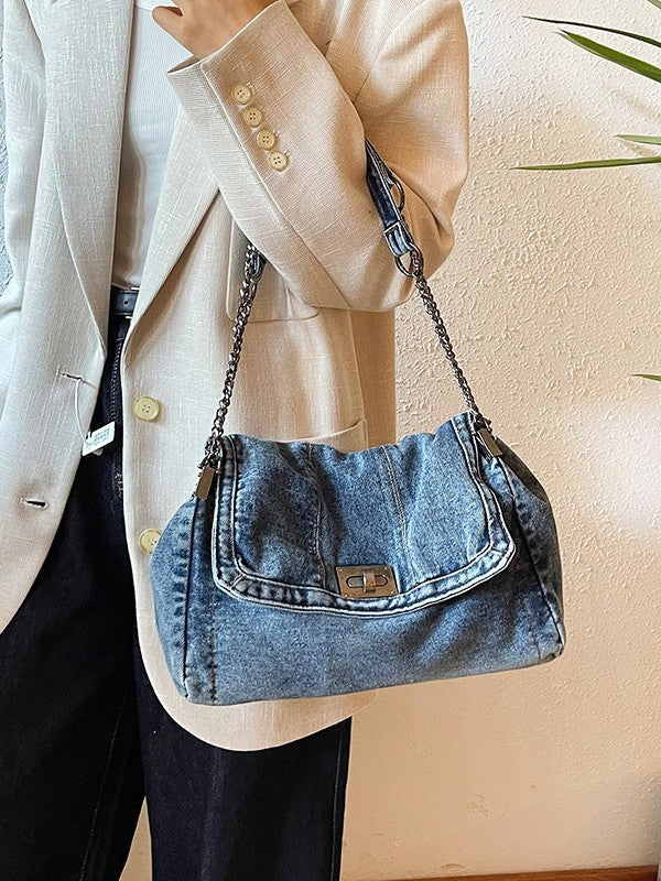 Women's Retro Denim High-grade Chain Large Capacity Underarm Bag