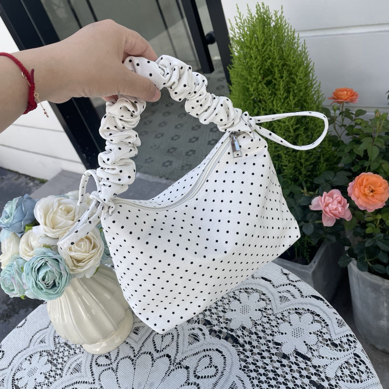 Women's Fashionable Polka Dot Drawstring Ruffle Adjustable Strap Convenient Shoulder Bags