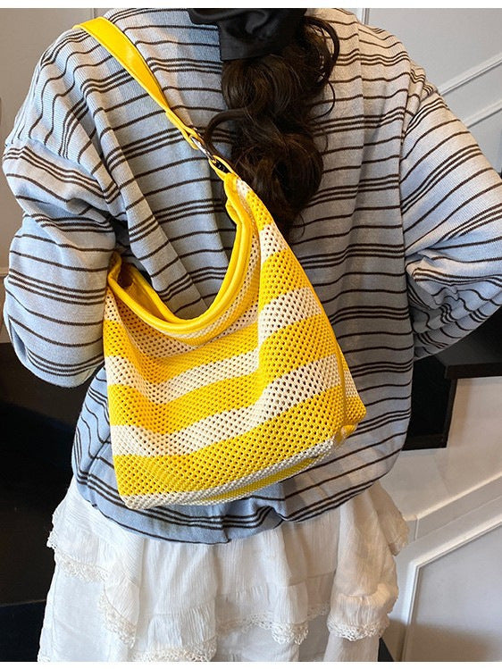 Women's Capacity Woven Striped Canvas Stitching Dumpling Women's Shoulder Bag