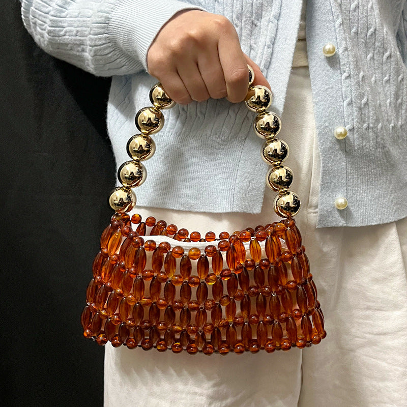 Amber Brown Special Interest Light Luxury Handmade Beaded Hollow Retro Women's Handbag