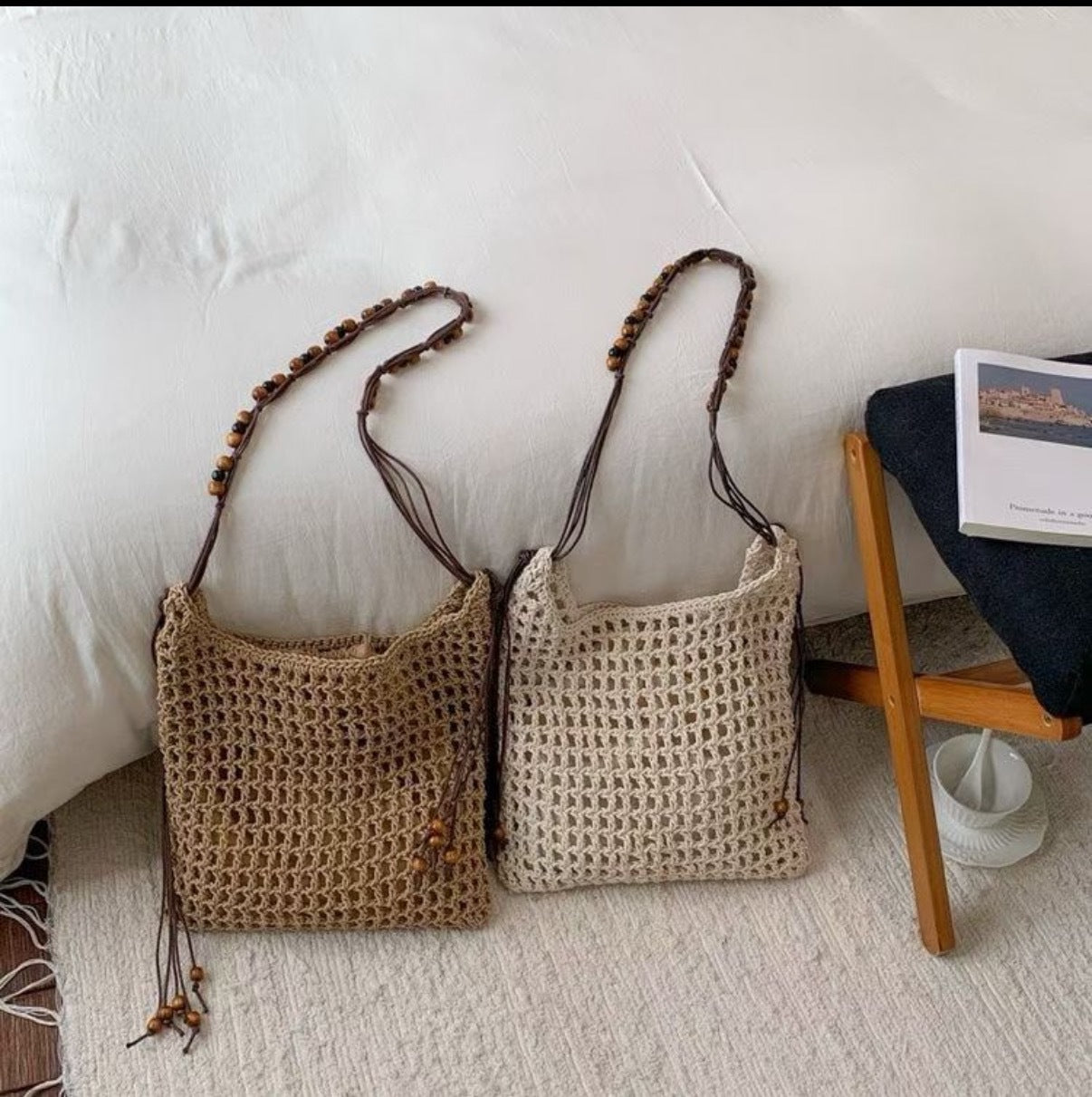 Attractive Lafite Handmade Beaded Weave Hollow Tote Bags