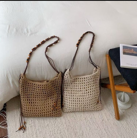 Attractive Lafite Handmade Beaded Weave Hollow Tote Bags