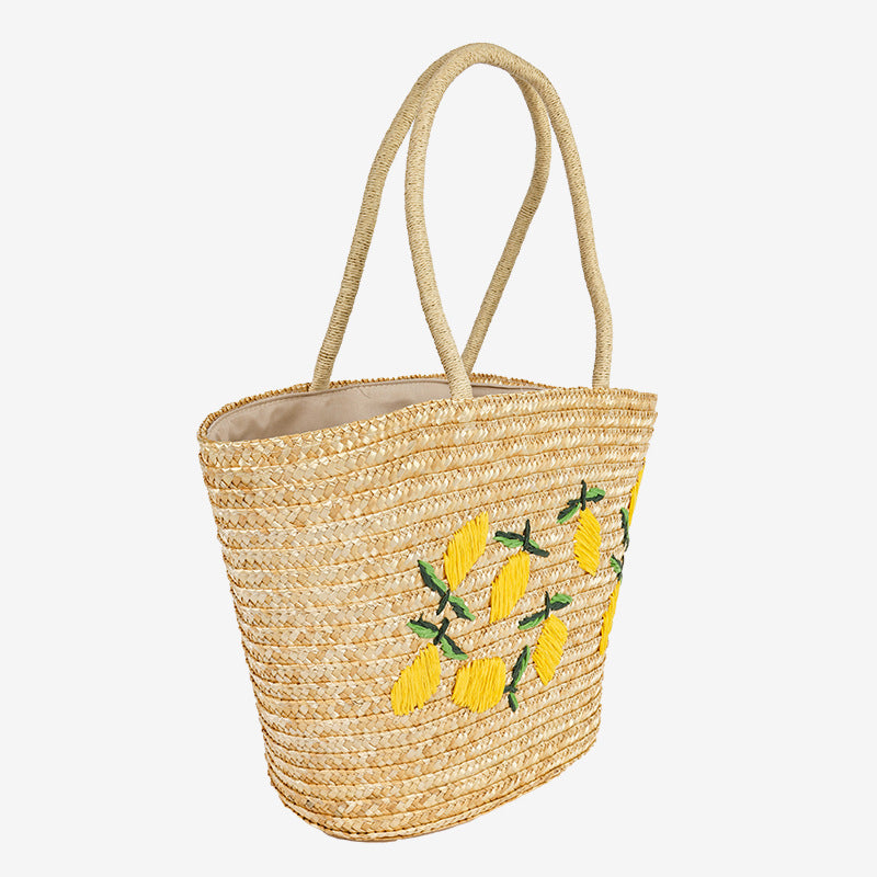 Women's Lemon Embroidery Straw Large Capacity Woven Bags