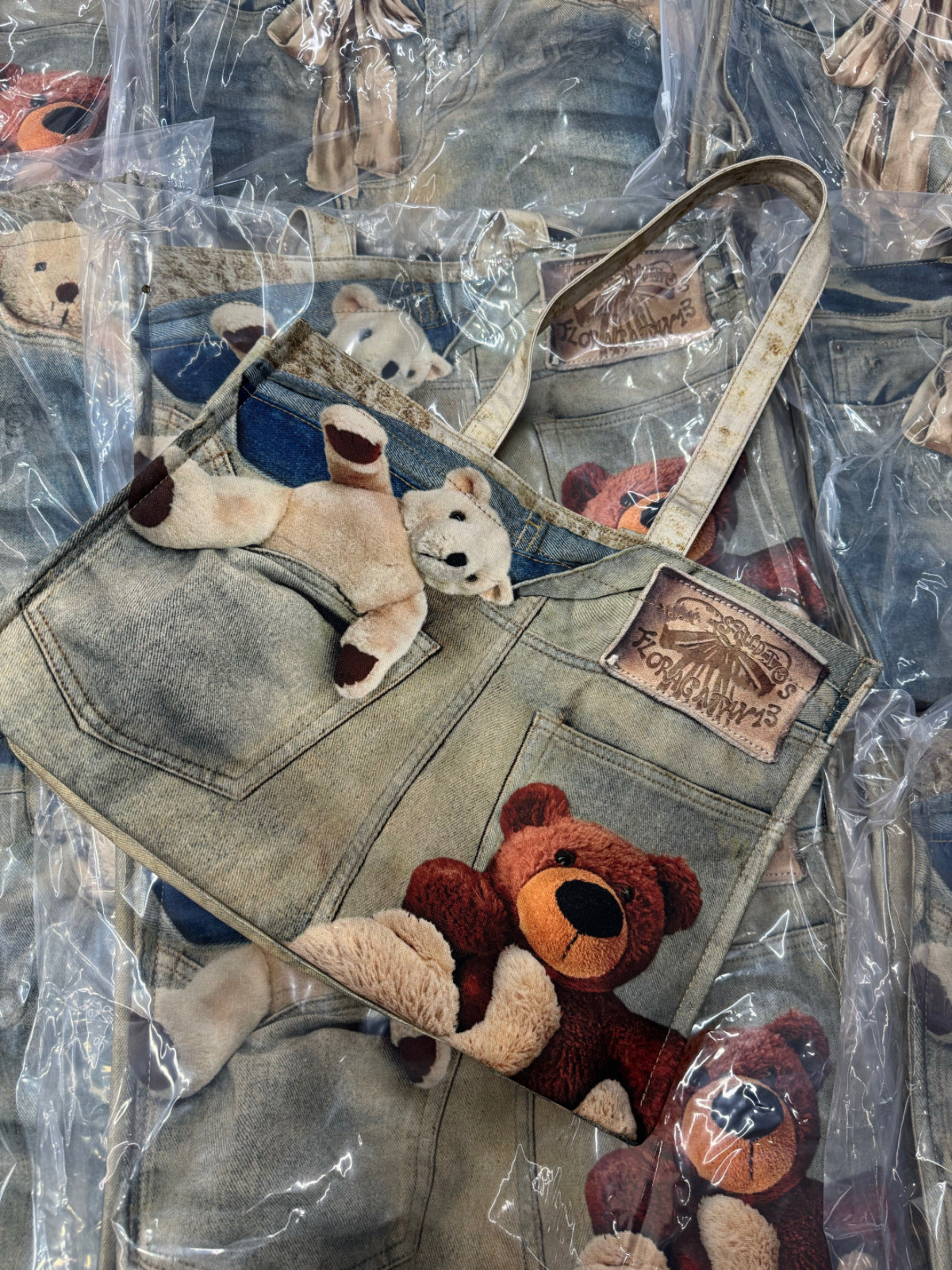 Women's & Men's Retro Denim Bear Printed Logo Large Tote Bag