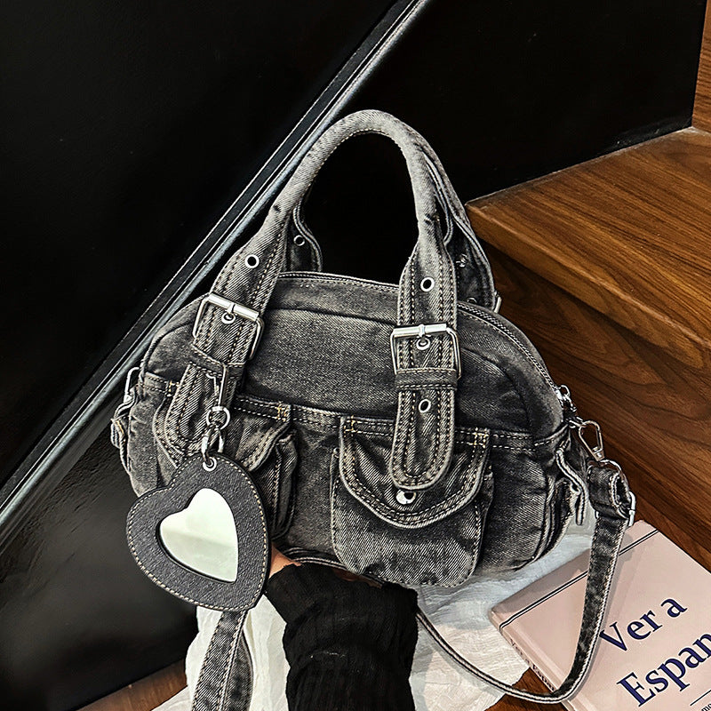 Women's Denim Pleated Portable Boston Bowling Bags