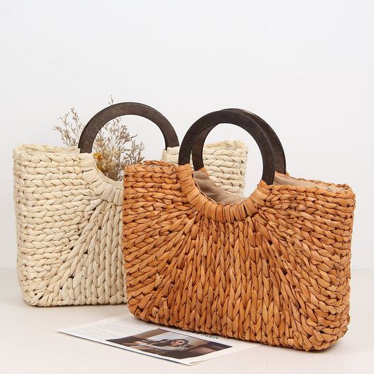 Women's Handmade Corn Husk Woven Beach Mori Style Solid Color Large Handle