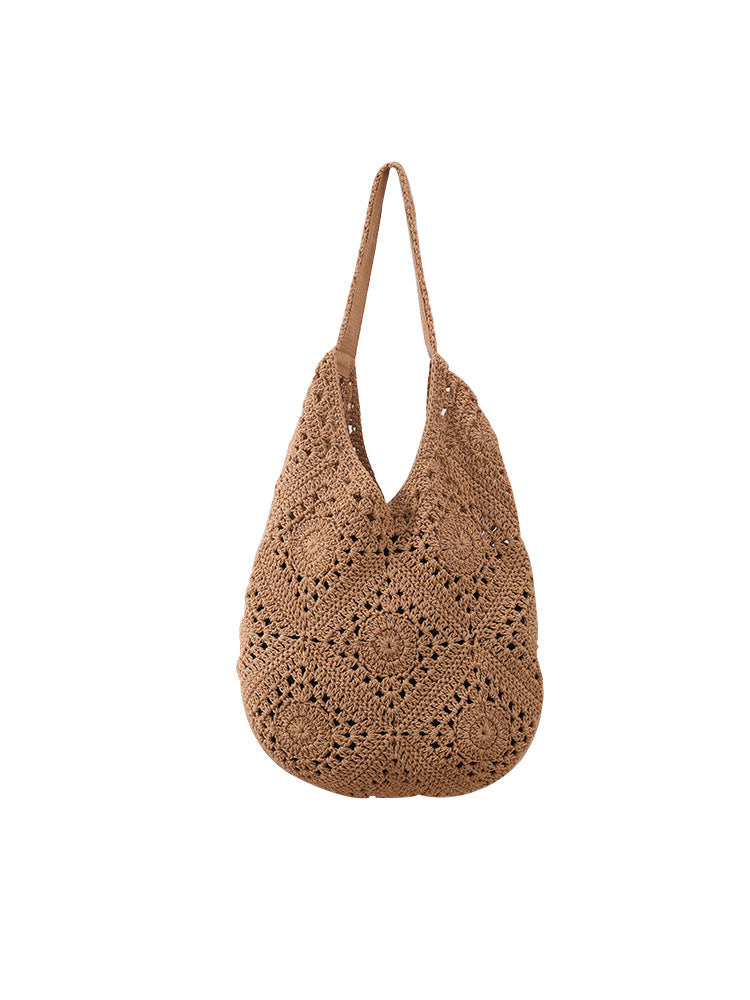 Cotton Thread Grandmother Grid Hollow Pattern Woven Large Capacity Artistic Women's Shoulder Bag
