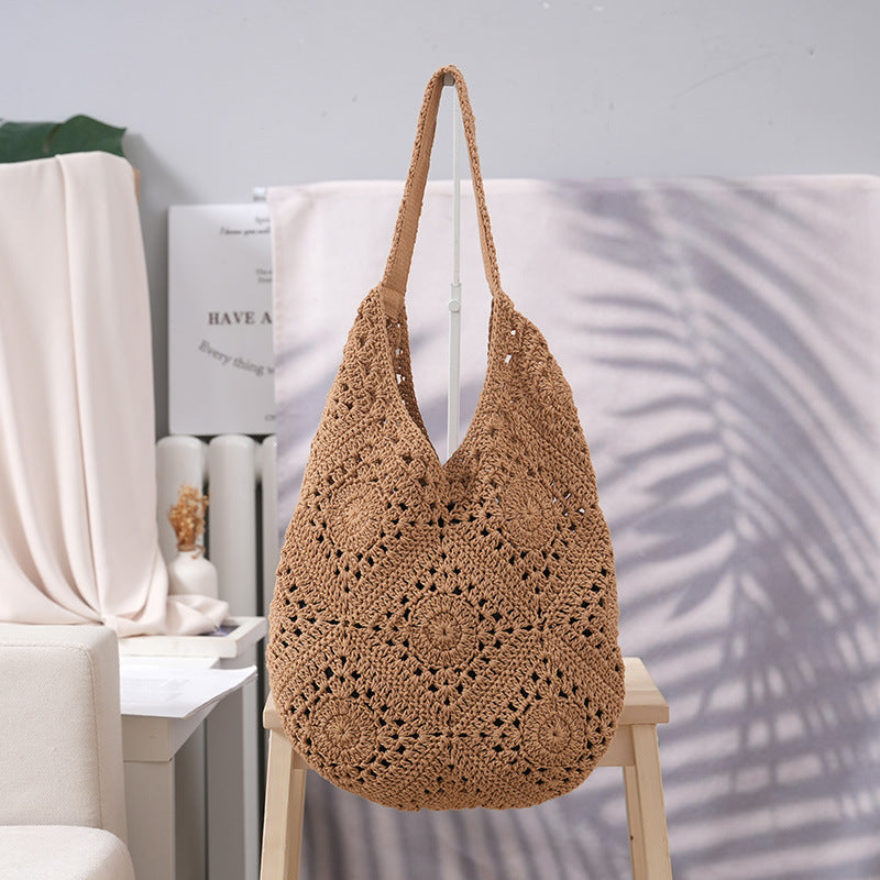 Cotton Thread Grandmother Grid Hollow Pattern Woven Large Capacity Artistic Women's Shoulder Bag
