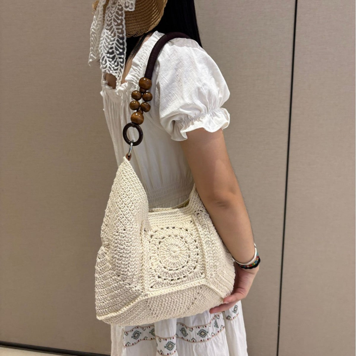 Women's Cotton Crochet Underarm High-grade Chinese Beads Vacation Simple Women's Shoulder Bag