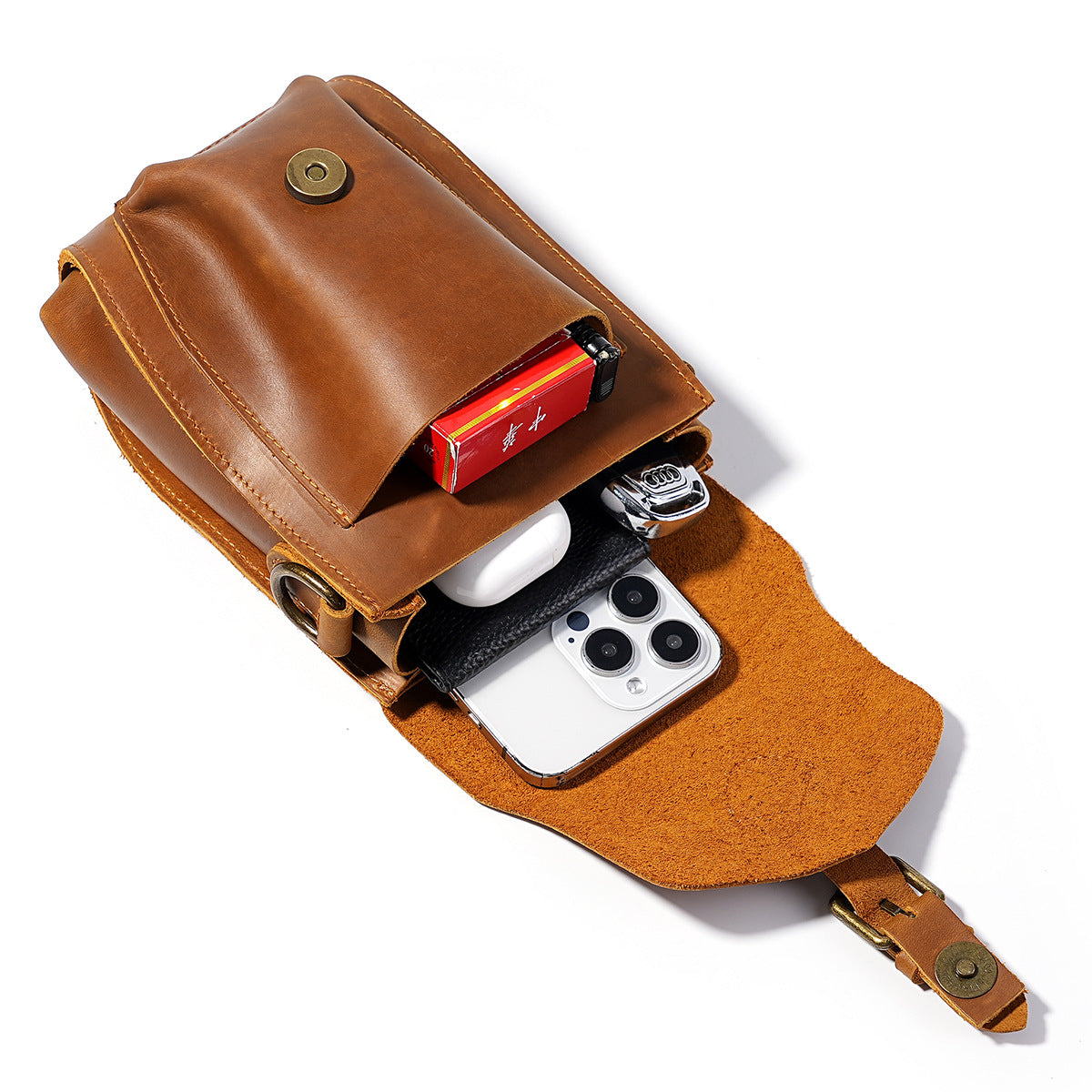 Men's Crazy Horse Leather Personalized Cowhide Hanging Mobile Small Square Bags