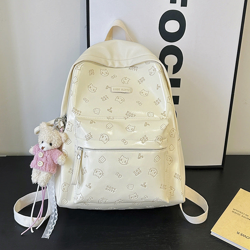 Women's Soft Leather Printed Cat Commute College Women's Backpack
