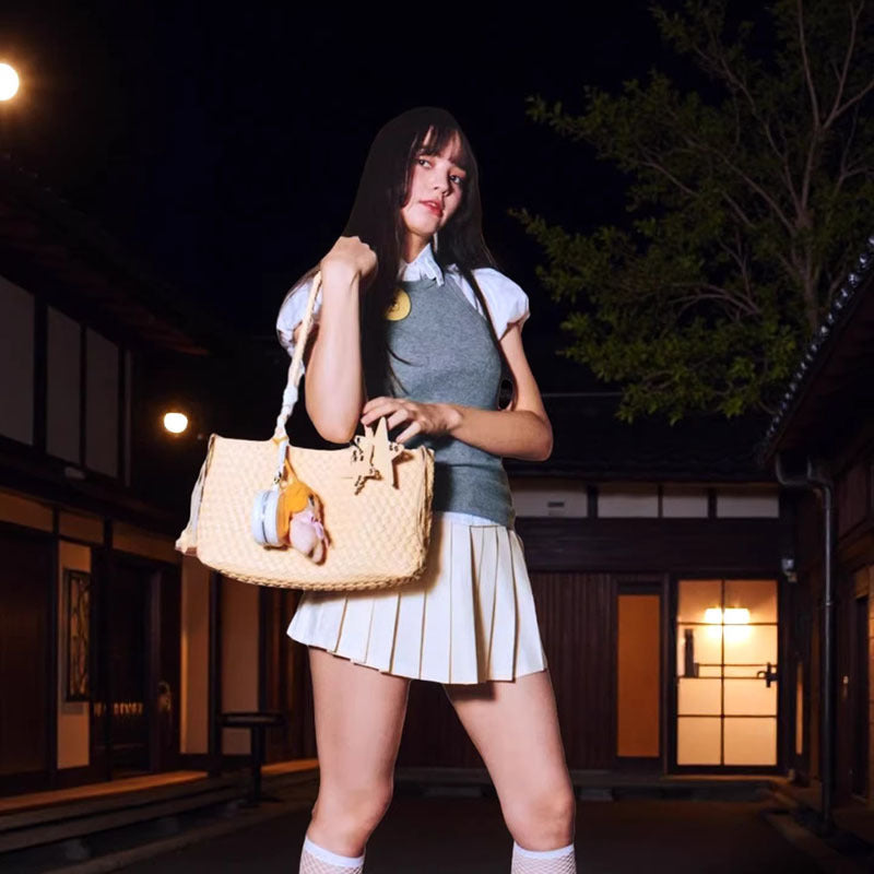 Hand-woven Medium Champagne Gold Soft Leather Idle Style Commuter Large Women's Shoulder Bag
