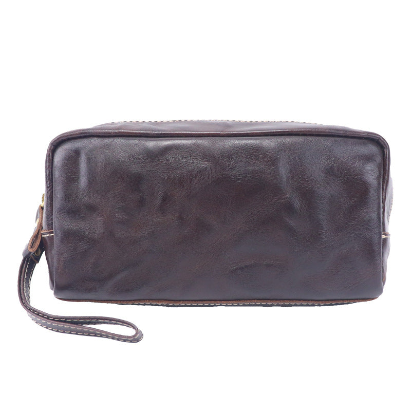 Tanned Leather Cowhide Wash Pencil Storage Large Makeup Bag