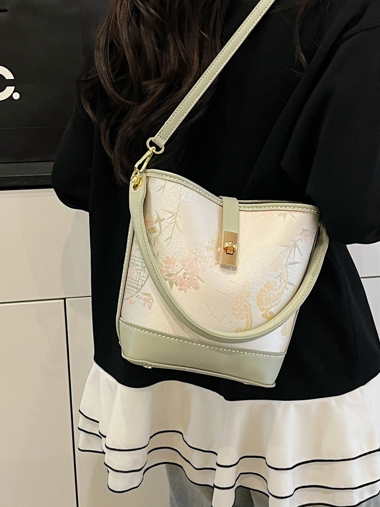 Women's Material Homemade National Style Contrast Color Hand Holding Bucket Bag