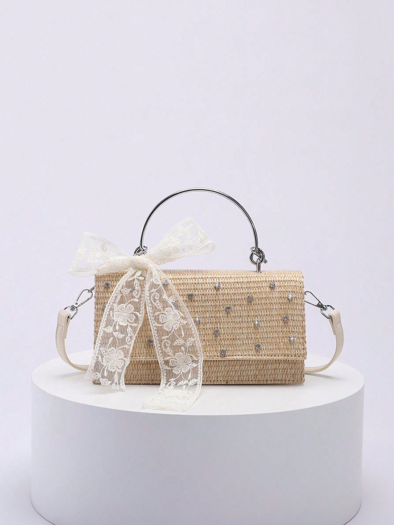 Women's Straw Woven Summer Diamond Shiny Crystal Lace Women's Handbag