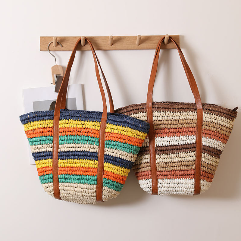 Fashion Colorful Striped Straw Versatile Large Capacity Woven Women's Shoulder Bag