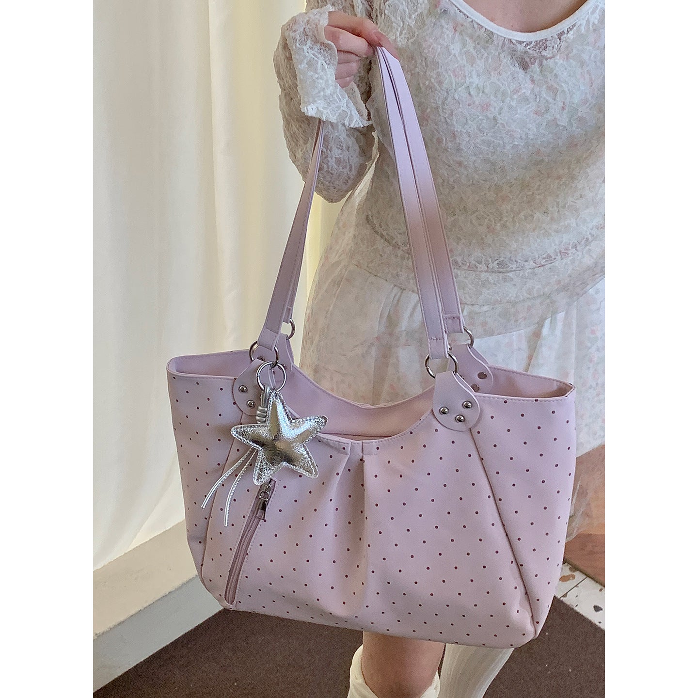 Women's Korean Underarm Polka Dot Printed Commuter Tote Bag