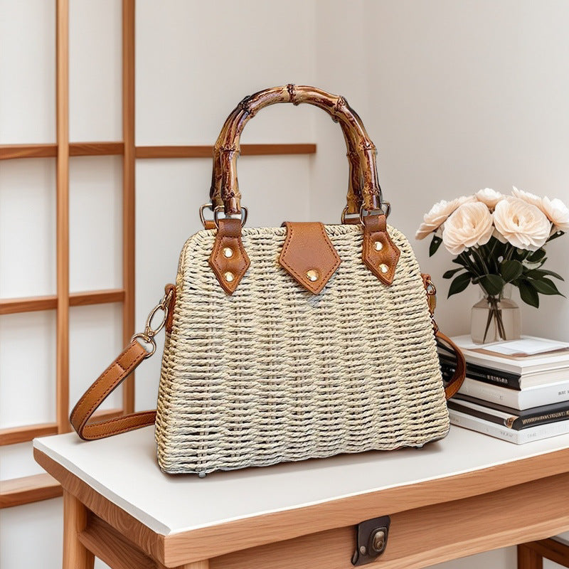 High-grade Straw Light Luxury Bamboo Portable Hand-woven Iron Shoulder Bags
