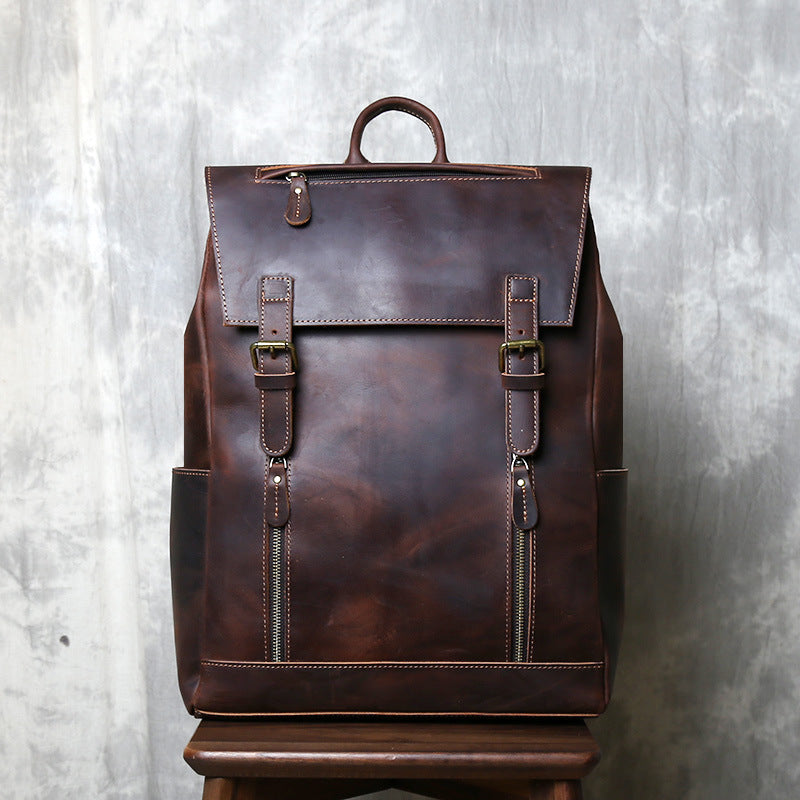 Men's Top Layer Crazy Horse Skin Genuine Leather Large Capacity Backpacks