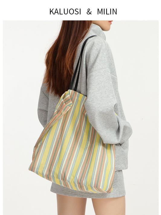 Contrast Color Striped Dopamine Oil Painting Tote Bag