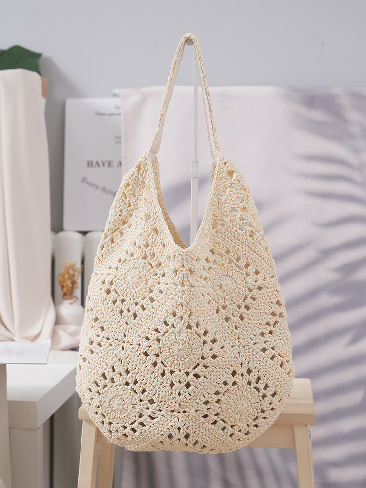 Cotton Thread Grandmother Grid Hollow Pattern Woven Large Capacity Artistic Women's Shoulder Bag