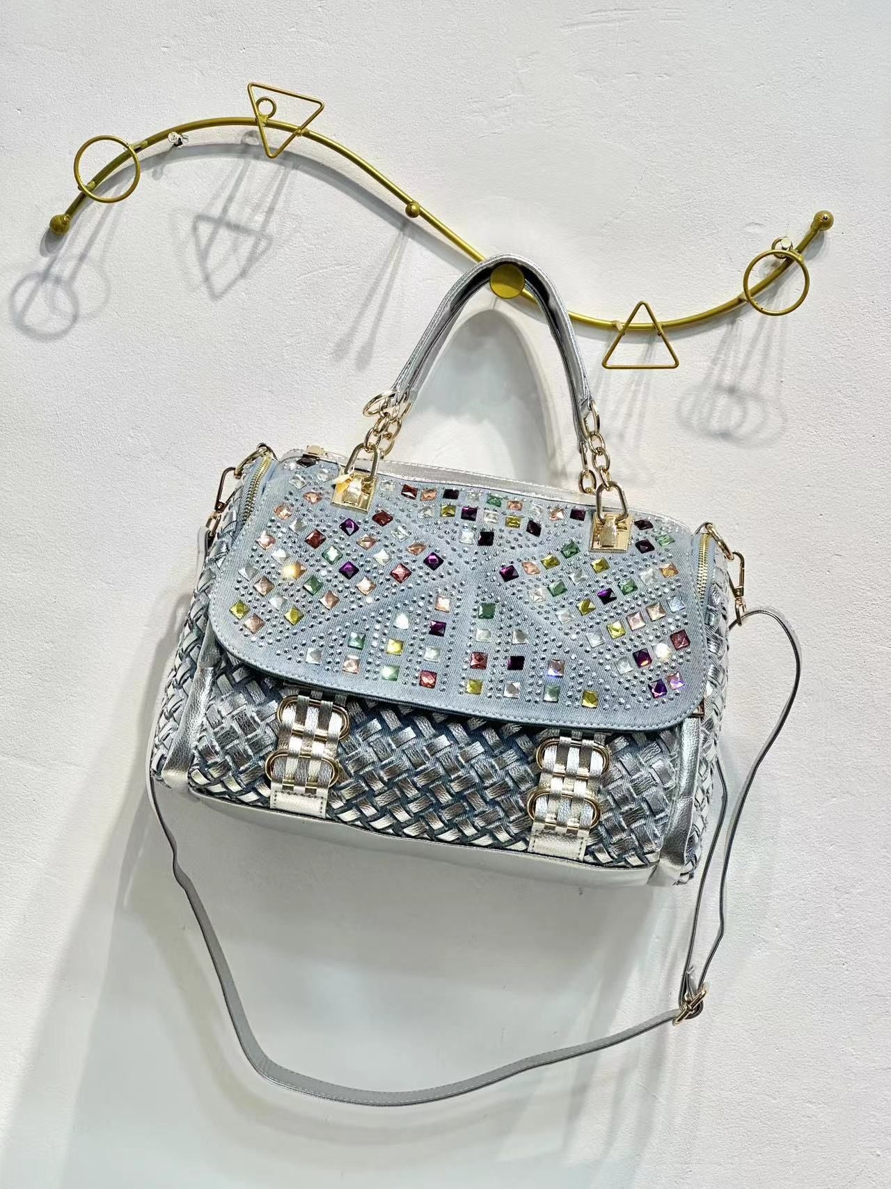 Women's Hot Colorful Crystals Denim Diamond Woven Large Capacity Bags