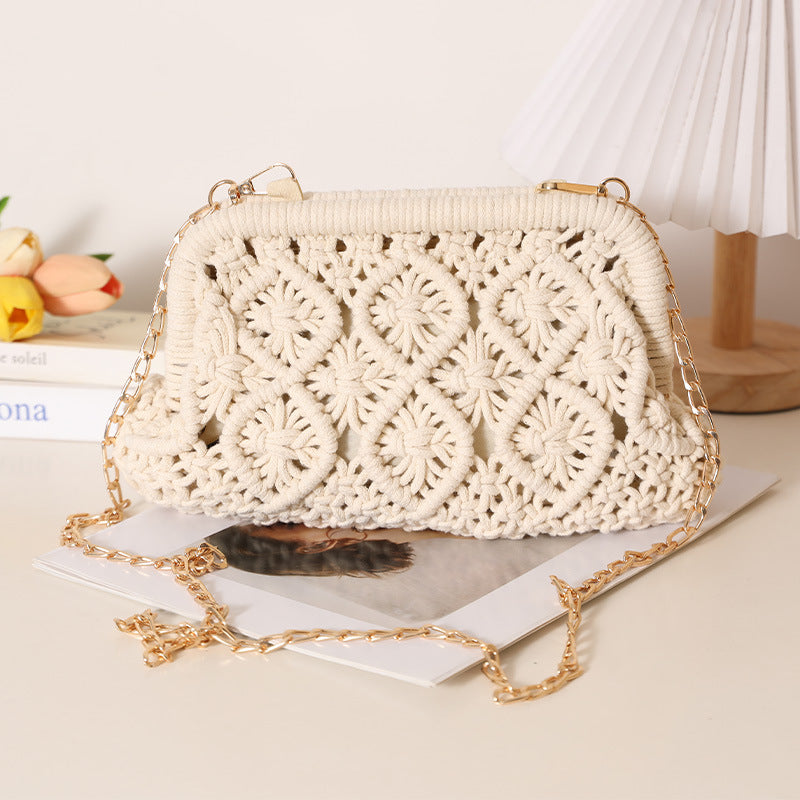 Cotton Thread Woven Solid Color Diamond Clip Straw Bags