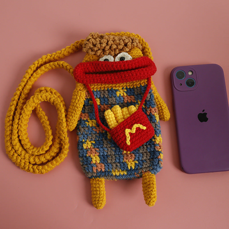 Women's Weaving Sausage Mouth Ugly Cute Wool Crocheted Cartoon Mobile Phone Bag