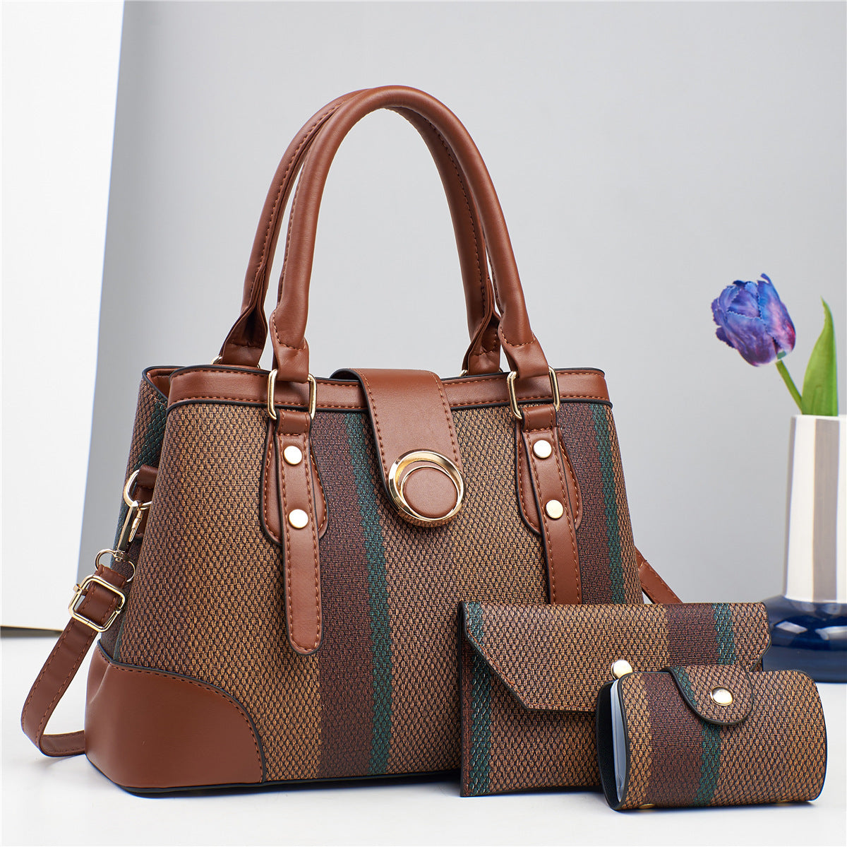 Large Capacity Stitching Canvas Three-piece Color Matching Bags
