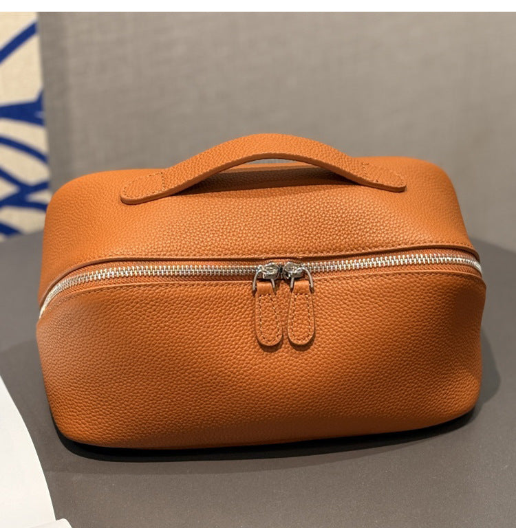 Simple High-grade First Layer Cowhide Texture Leather Portable Toiletry Large Cosmetic Bags
