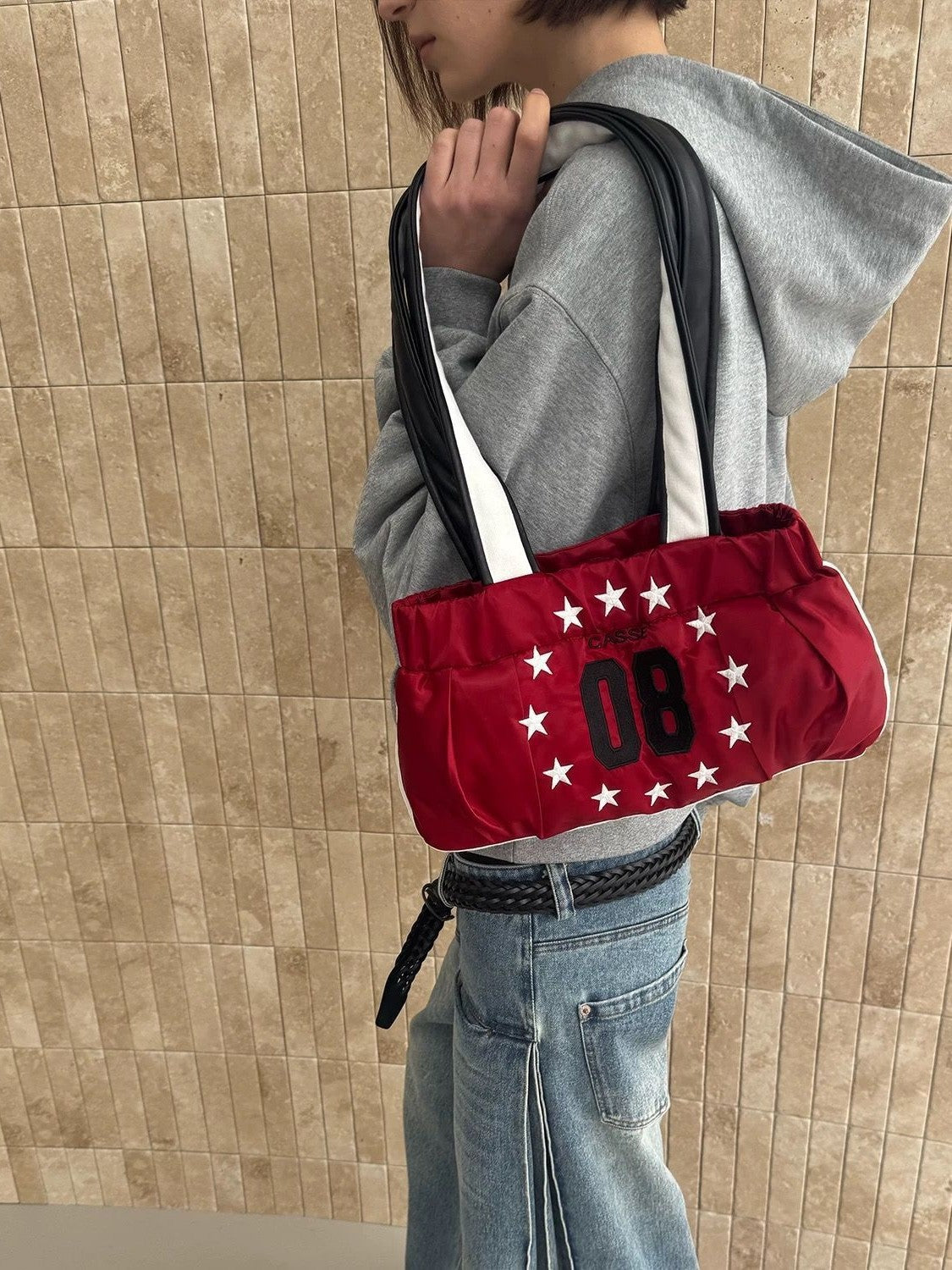 High-density Embroidery Street Fashionable Leather Patchwork Tote Bag