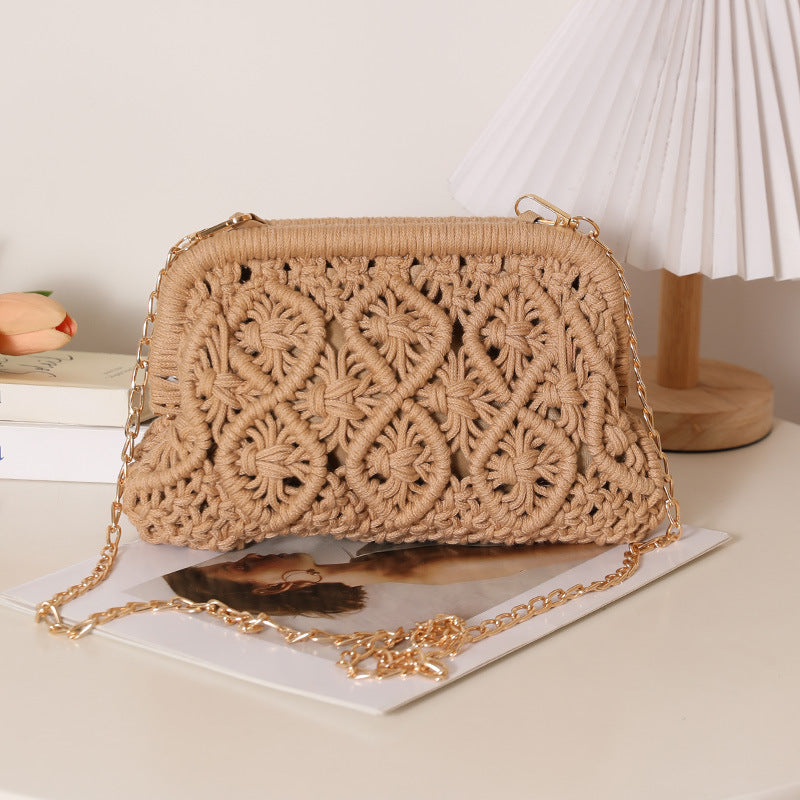 Cotton Thread Woven Solid Color Diamond Clip Straw Bags