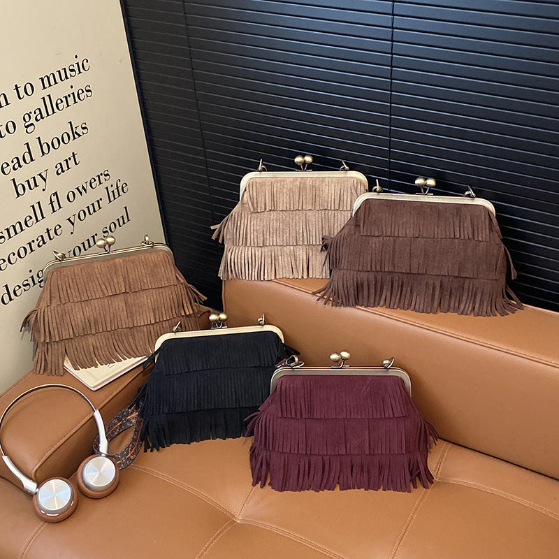 Women's Texture Tassel Retro Easy Matching Style Simple Korean Wide Shoulder Bags