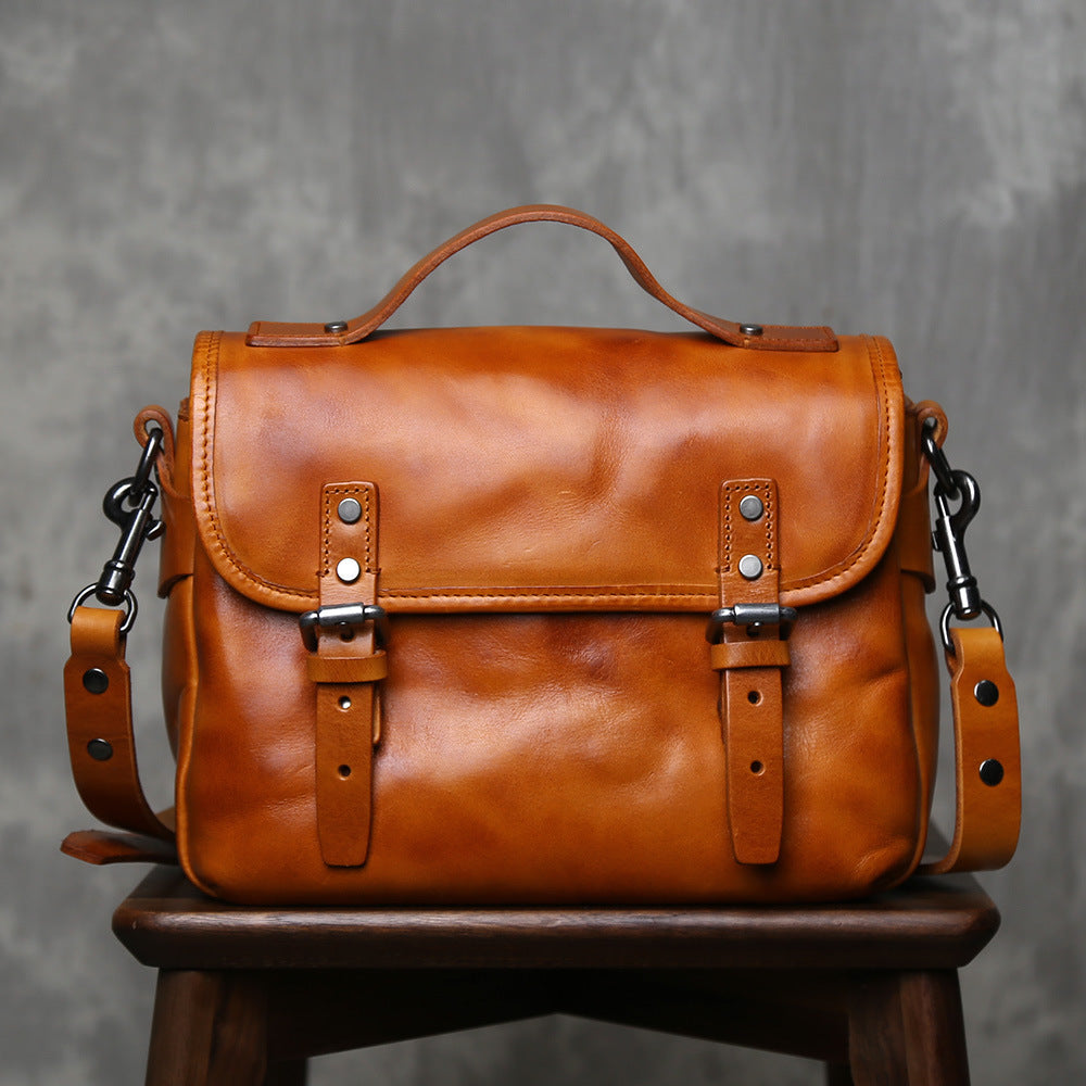 Women's & Men's Genuine Leather Handmade First Layer Cowhide Vegetable Tanned Men's Messenger Bag