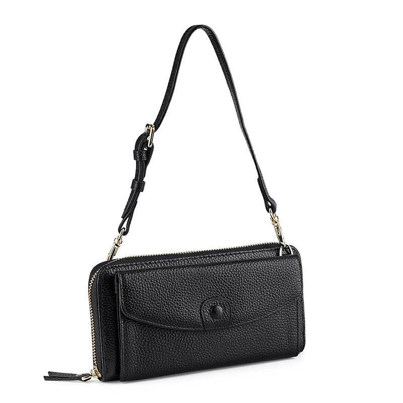 Women's Underarm Layer Cowhide Zipper Mobile Function Genuine Bags