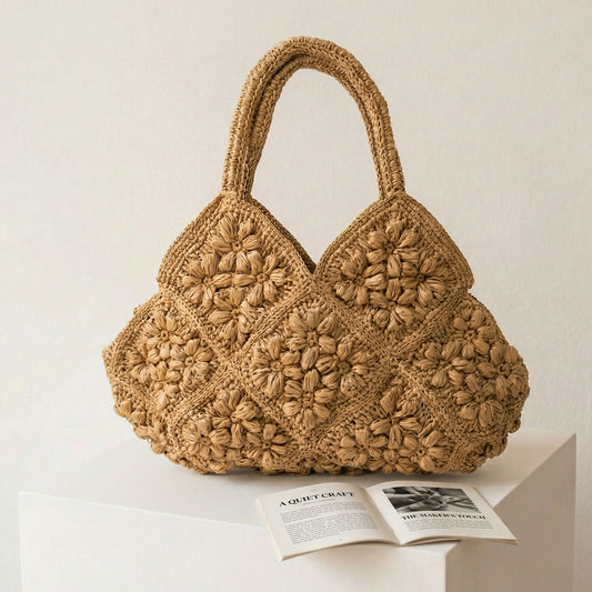 Women's High-grade Three-dimensional Flower Straw Seaside Handmade Woven Large Capacity Portable Bags
