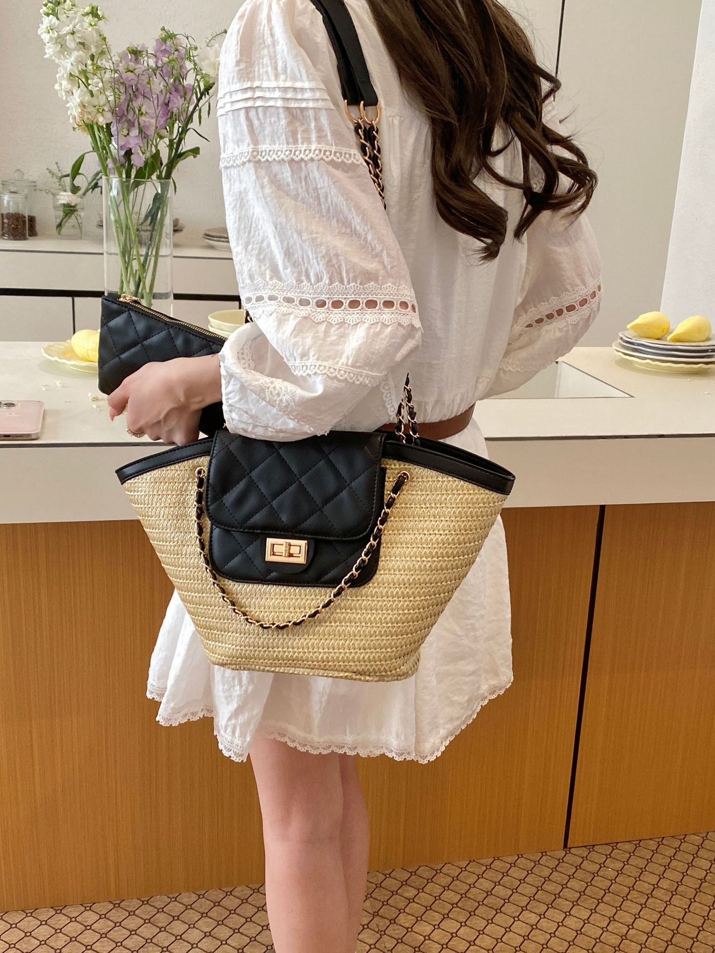 Women's Summer Popular Super Classic Style Woven Seaside Play Rhombus Bucket Bag