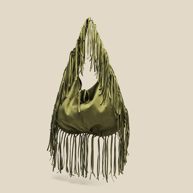 Women's Tassel Large Capacity Crescent Trendy Simple Deerskin Veet Retro Women's Shoulder Bag