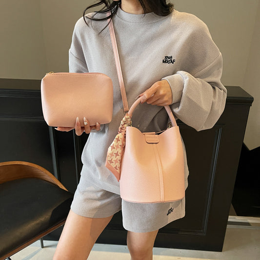 Women's High-grade Lychee Pattern Scarf Hand Holding Bucket Bags