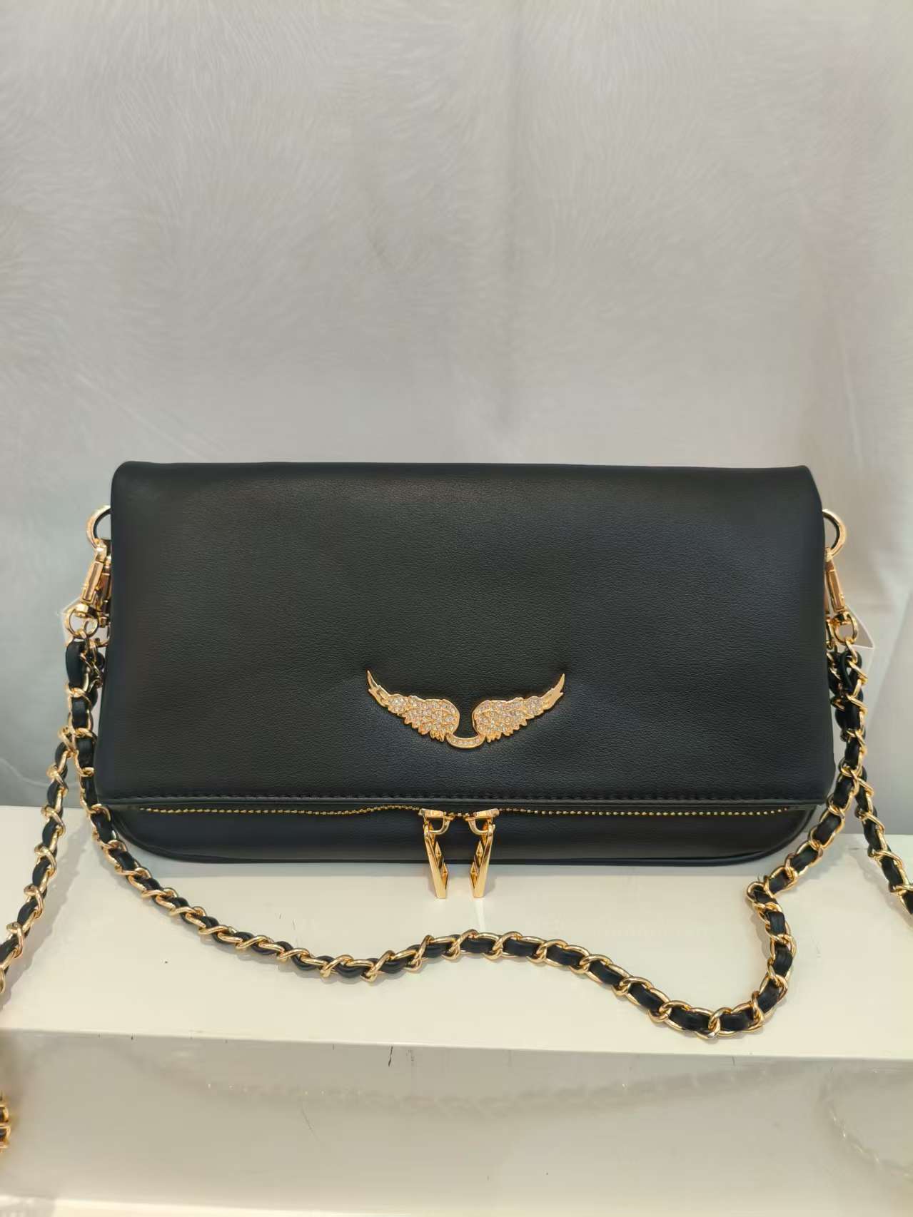 Women's Black Wings Rhinestone Metal Chain Women's Shoulder Bag