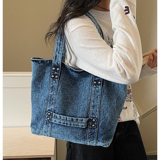 Women's Trend Denim Versatile Large Capacity Shopping Tote Bags