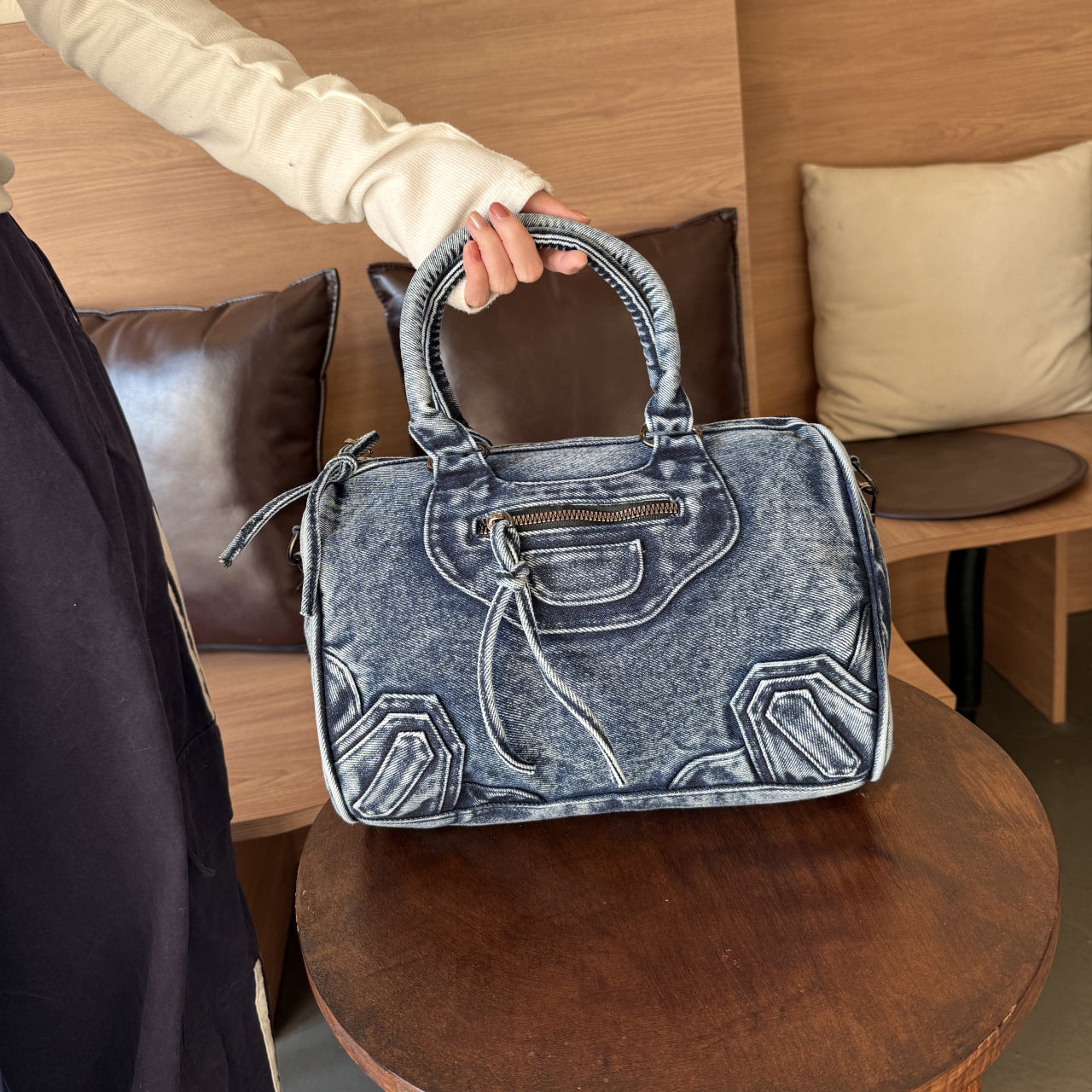 Women's Versatile Washed Denim Patchwork Large Capacity Commuter Sling Motorcycle Bags