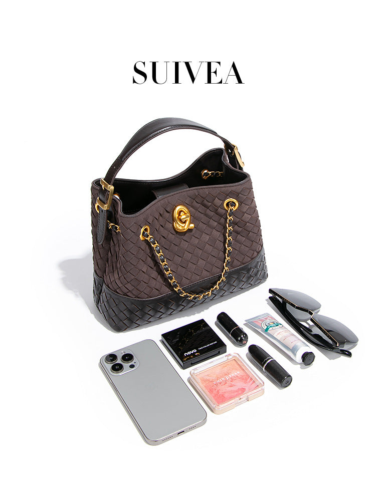 Women's Retro Woven Hand Holding Frosted One Bucket Bags