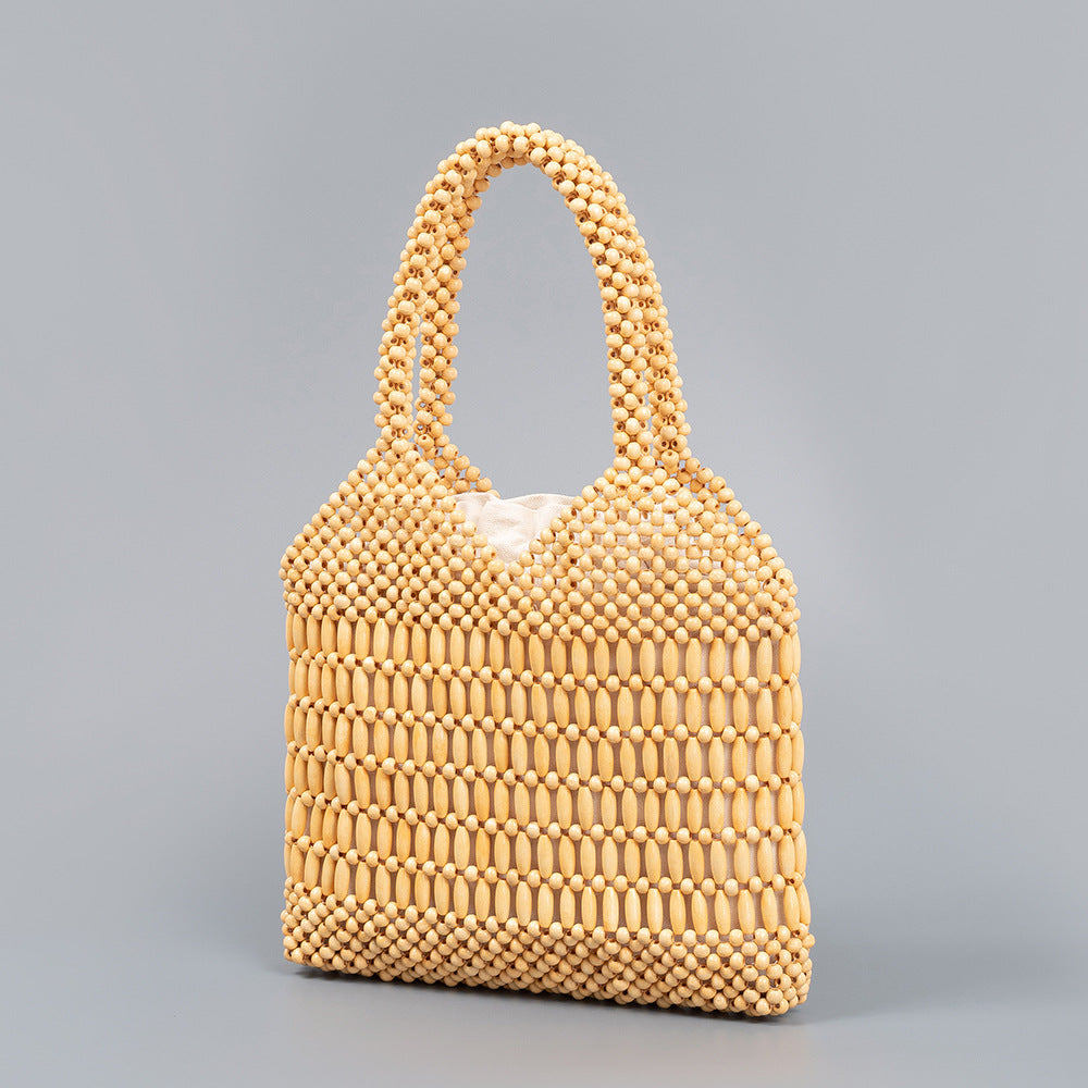Women's Vacation With Wooden Beads Decoration Hand-woven Women's Handbag